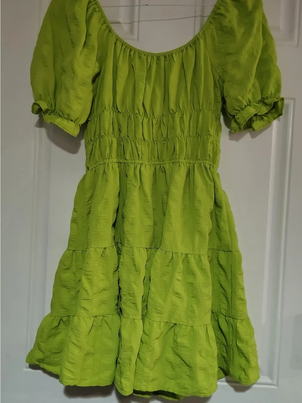 Girls' Lime Green Tiered Puff-Sleeve Dress with Smocked Waist